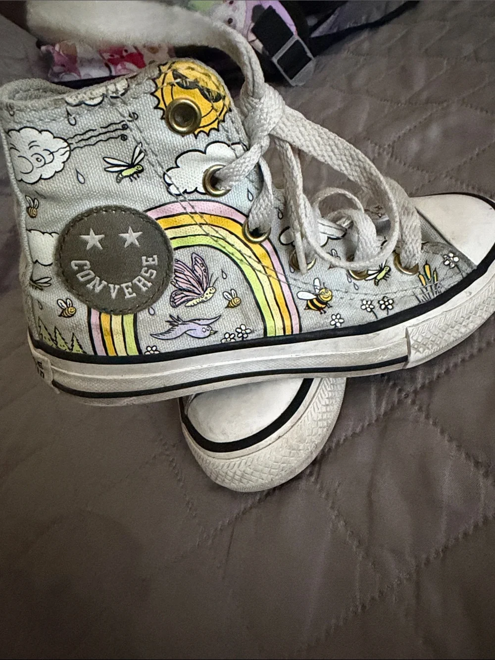 Converse Kids High-Top Sneakers in Light Gray with Yellow & Pink Accents